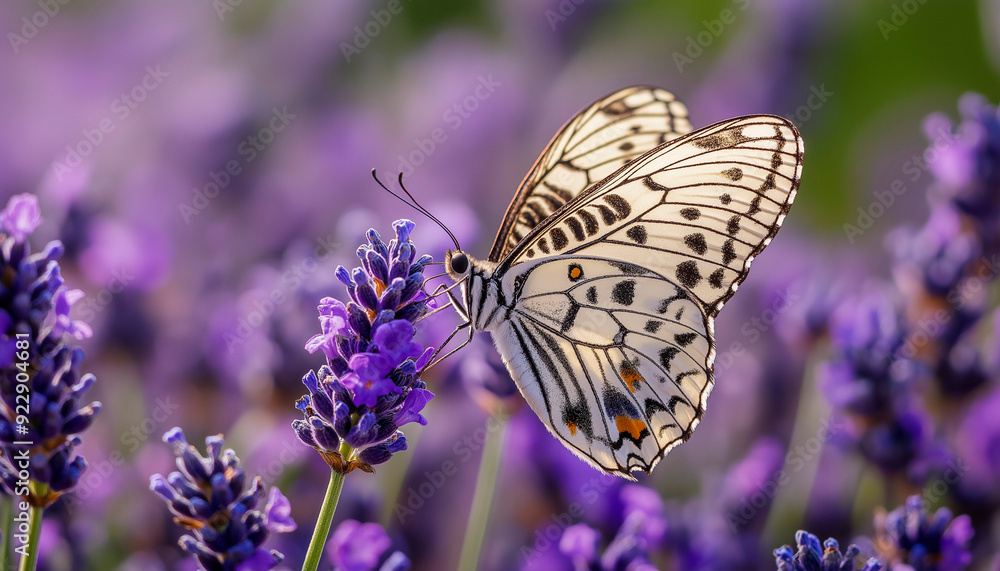 Portrait of a beautiful white butterfly with black and orange details in a lavender field, standing on a lavender branch extracting its nectar. Portrait of a beautiful white butterfly with black and orange details in a lavender field, standing on a lavender branch extracting its nectar.