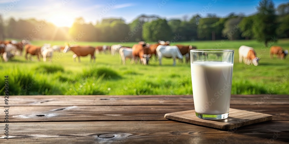 Fresh milk in glass on dark wooden table with blurred landscape of cow on meadow. Rustic style, milk, glass, wooden table Fresh milk in glass on dark wooden table with blurred landscape of cow on meadow. Rustic style, milk, glass, wooden table