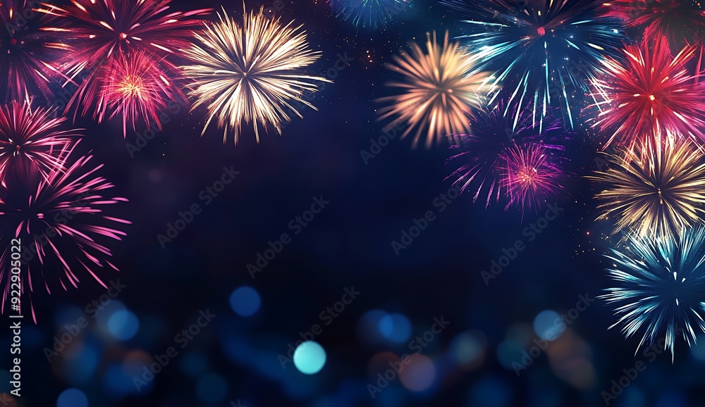 Fototapeta premium New Years background with colorful fireworks on a dark background