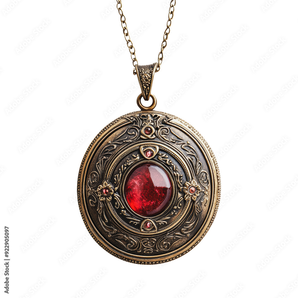 PNG Antique locket with a red gem, beautifully crafted PNG Antique locket with a red gem, beautifully crafted