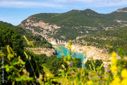 Bright summer day on shore of La Llosa de Coval reservoir, in Llobregat River valley. Rocky shores of reservoir are covered with green vegetation and wildflowers. Azure water of lake between low hills photo