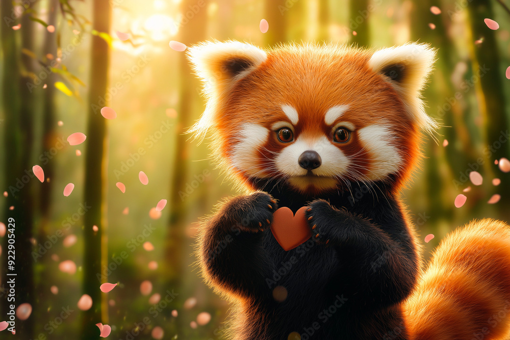 A cute red panda holding a red heart emoji with his front paws. The scene exudes warmth and charm, capturing the endearing nature of the red panda in a peaceful and picturesque setting. A cute red panda holding a red heart emoji with his front paws. The scene exudes warmth and charm, capturing the endearing nature of the red panda in a peaceful and picturesque setting.