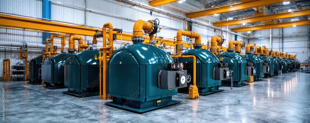 An array of biomass boilers lined up in an industrial setting, detailed textures and piping, photo-realistic, large-scale energy production An array of biomass boilers lined up in an industrial setting, detailed textures and piping, photo-realistic, large-scale energy production