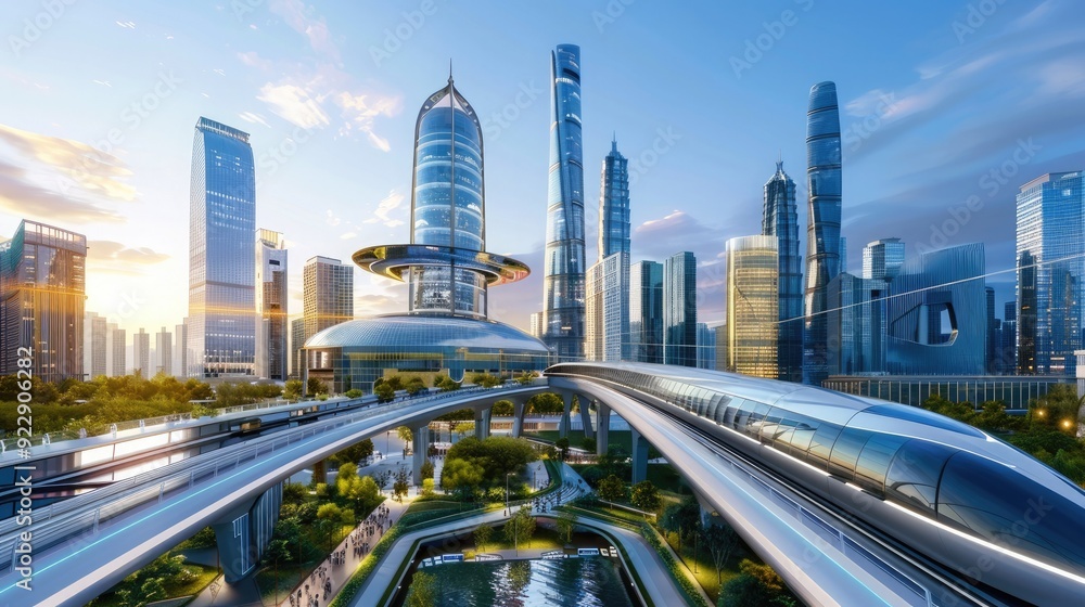 Obraz premium Futuristic cityscape with modern skyscrapers, elevated highways, and greenery, showcasing advanced urban design and technology under a clear sky.