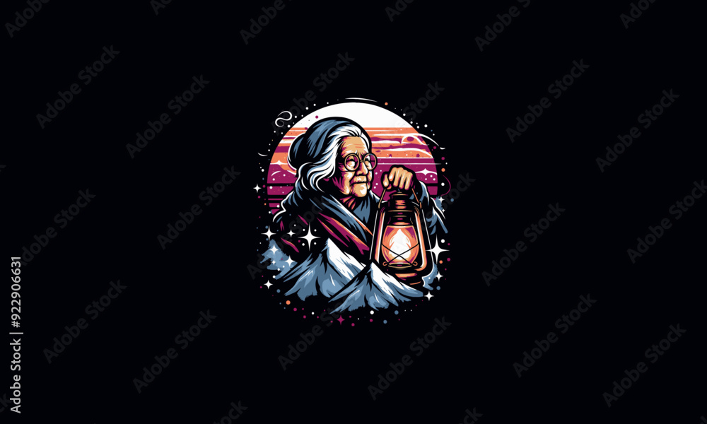 grandma holding lantern on forest night vector artwork design grandma holding lantern on forest night vector artwork design
