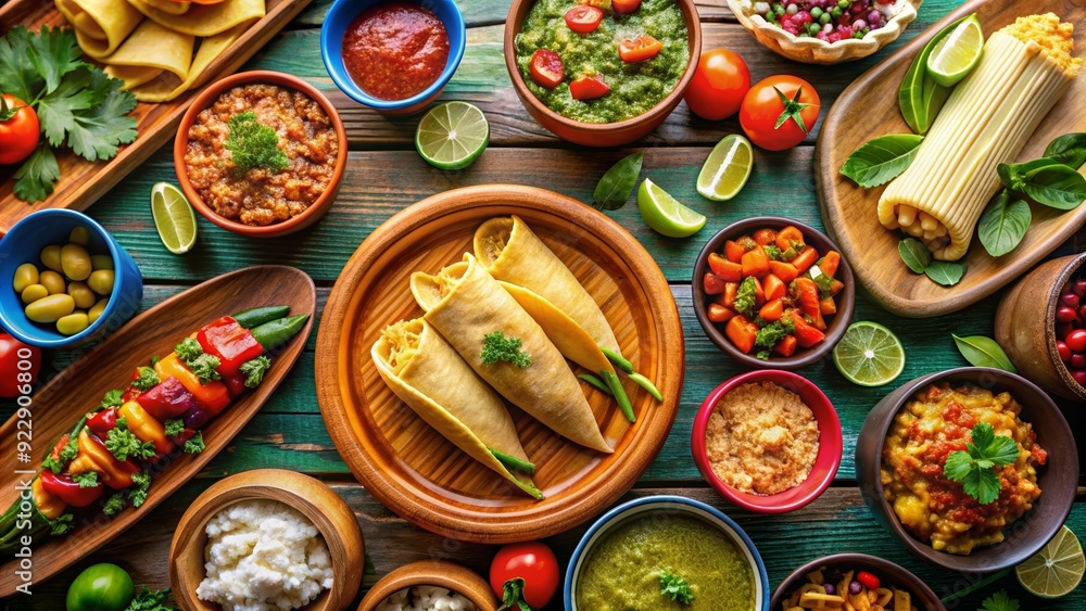 Fototapeta premium Colorful display of traditional Mexican dishes including tacos, tamales, guacamole, and flan , Fiesta