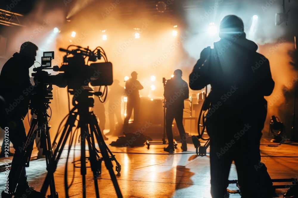 Fototapeta premium Cinematic Film Crew Working on Stage with Cameras and Lights in a Foggy Light, Silhouetted Figures and Dramatic Lighting Captured in High-Resolution