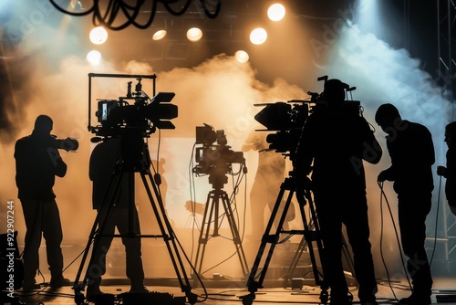 Cinematic Film Crew Working on Stage with Cameras and Lights in a Foggy Light, Silhouetted Figures and Dramatic Lighting Captured in High-Resolution