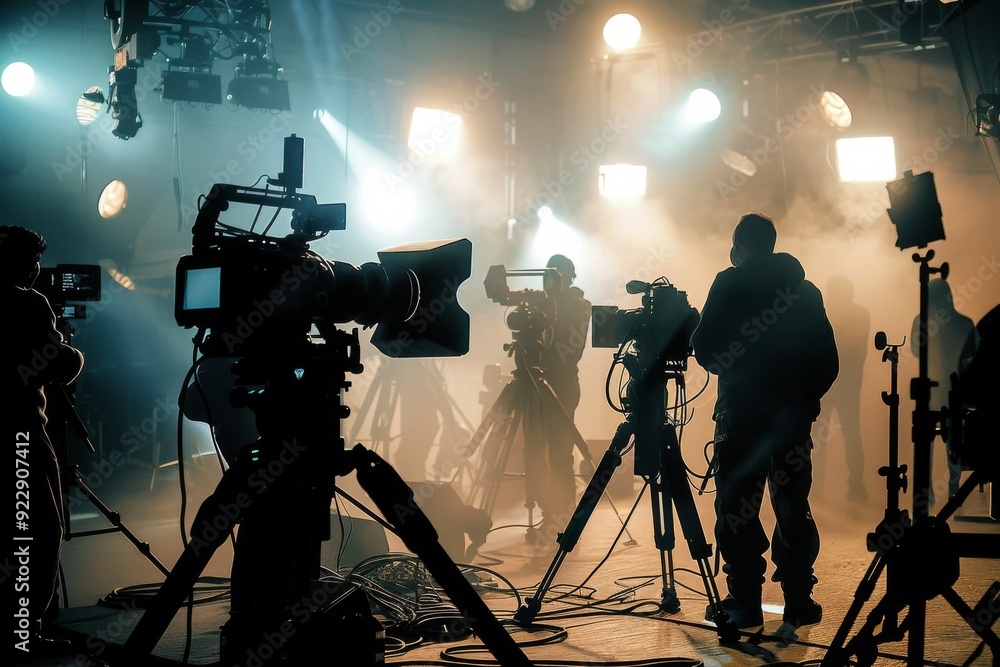 Fototapeta premium Cinematic Film Crew Working on Stage with Cameras and Lights in a Foggy Light, Silhouetted Figures and Dramatic Lighting Captured in High-Resolution