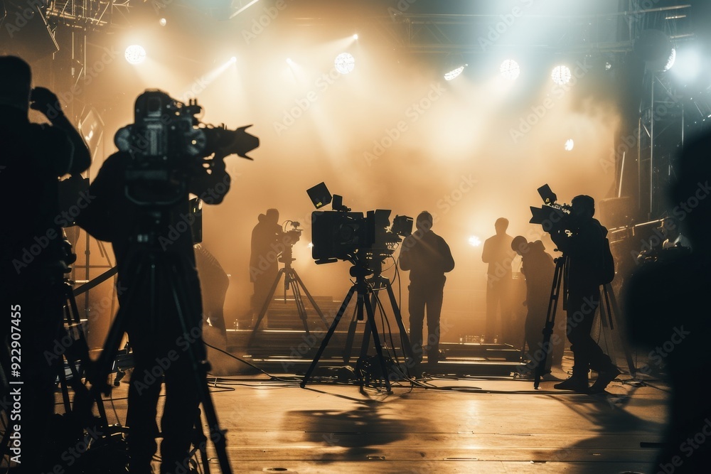 Fototapeta premium Cinematic Film Crew Working on Stage with Cameras and Lights in a Foggy Light, Silhouetted Figures and Dramatic Lighting Captured in High-Resolution
