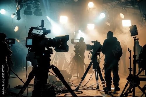 Cinematic Film Crew Working on Stage with Cameras and Lights in a Foggy Light, Silhouetted Figures and Dramatic Lighting Captured in High-Resolution