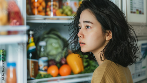 冷蔵庫の前で健康的な食事を考える日本人女性 photo