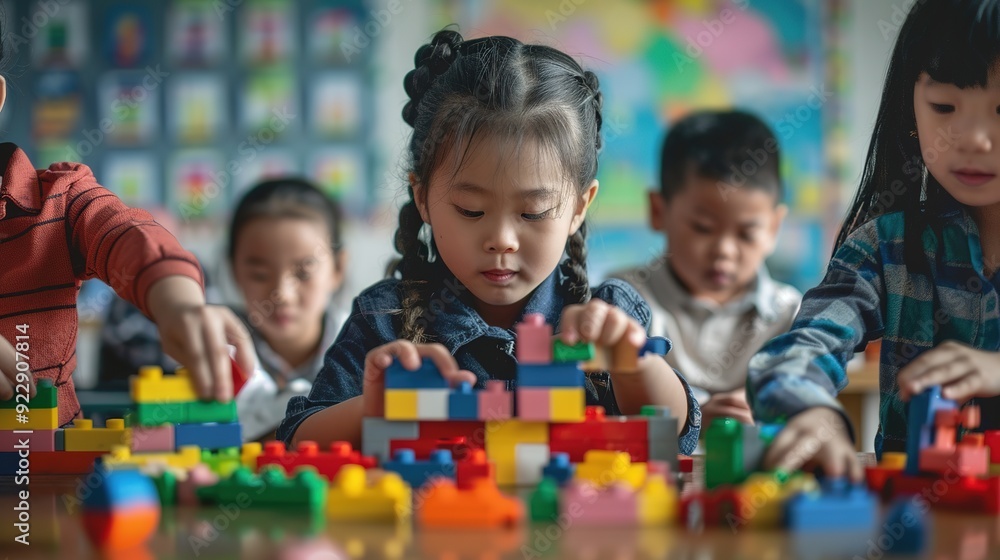 Portrait of asian caucasian little children playing blocks in classroom. Learning by playing education group study concept. International pupils doing Portrait of asian caucasian little children playing blocks in classroom. Learning by playing education group study concept. International pupils doing