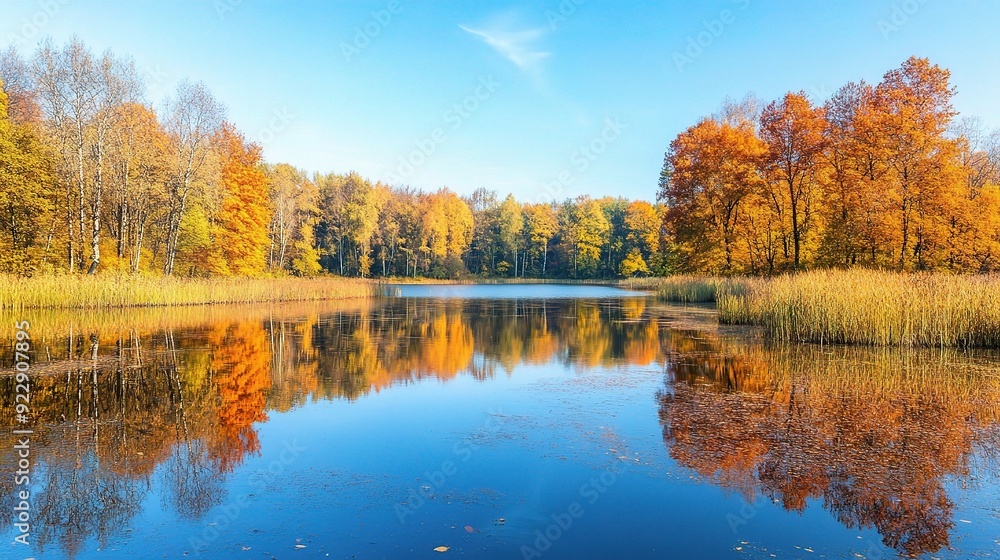 Obraz premium Autumn's Golden Embrace: Serene lake mirrors vibrant foliage in a breathtaking display of nature's artistry. 