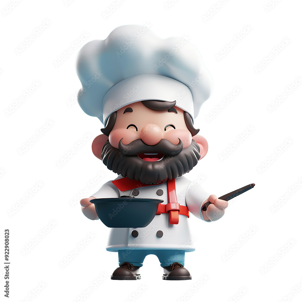 Cute 3D character icon of a full-body chef, wearing a chef's hat and apron, holding a skillet, full color Cute 3D character icon of a full-body chef, wearing a chef's hat and apron, holding a skillet, full color