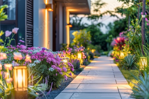 Wallpaper Mural Beautiful home garden with colorful flowers and plants, illuminated by warm lanterns along a stone path leading to a modern house entrance. High-resolution close-up. Torontodigital.ca
