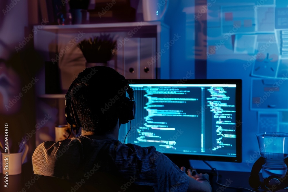 Silhouette of a male programmer wearing headphones, working late at night on a computer with programming scripts on the screen, capturing software development and coding. Silhouette of a male programmer wearing headphones, working late at night on a computer with programming scripts on the screen, capturing software development and coding.