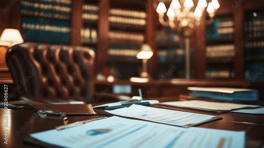 Classic executive office with leather chair and financial documents, luxurious workspace Classic executive office with leather chair and financial documents, luxurious workspace