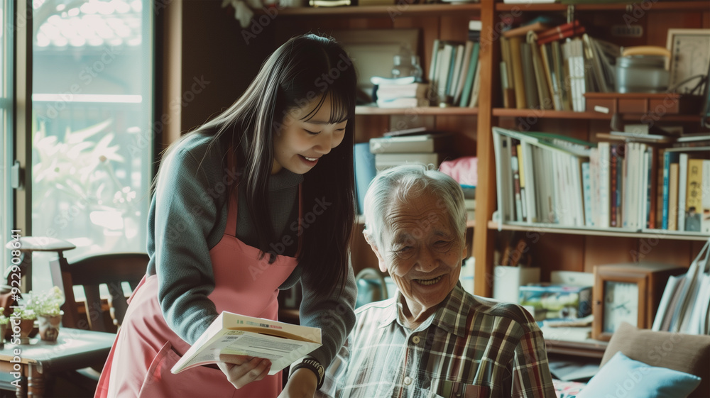 リビングルームで高齢者を楽しげに手助けする日本の若い女性介護士 リビングルームで高齢者を楽しげに手助けする日本の若い女性介護士