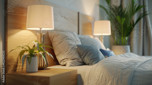 Bedroom interior, nightstand with lamp and home plant near bed photo