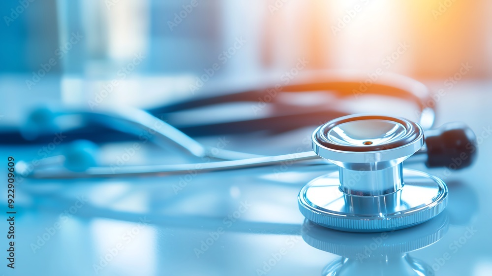 Close-up of a stethoscope on a reflective table, showcasing modern medical equipment in a clinical setting. Healthcare AI concept. Close-up of a stethoscope on a reflective table, showcasing modern medical equipment in a clinical setting. Healthcare AI concept.