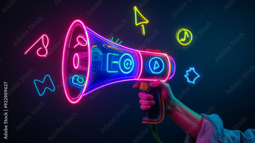 Vibrant neon megaphone with various marketing buzzwords, social media Concept Marketing Trends Vibrant neon megaphone with various marketing buzzwords, social media Concept Marketing Trends