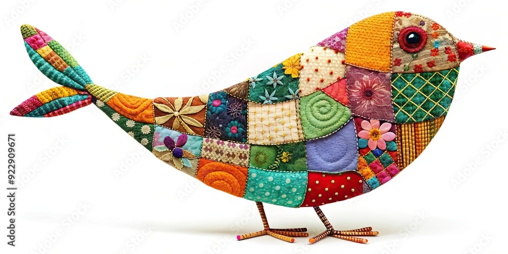 Obraz premium Colorful bird made of different patterned patchwork pieces, patchwork, bird, colorful, vibrant, fabric, sewing, design