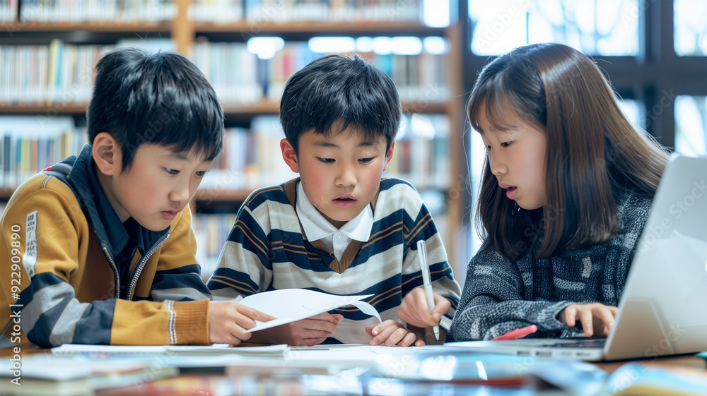 図書館でプロジェクトに取り組む日本人の子供たち 図書館でプロジェクトに取り組む日本人の子供たち