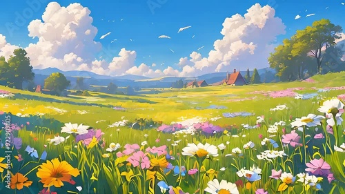 Blooming landscape animation. Flower meadow with a variety of colorful flowers and lush green grass. Enjoy the vibrant view of the flower meadow in motion. photo