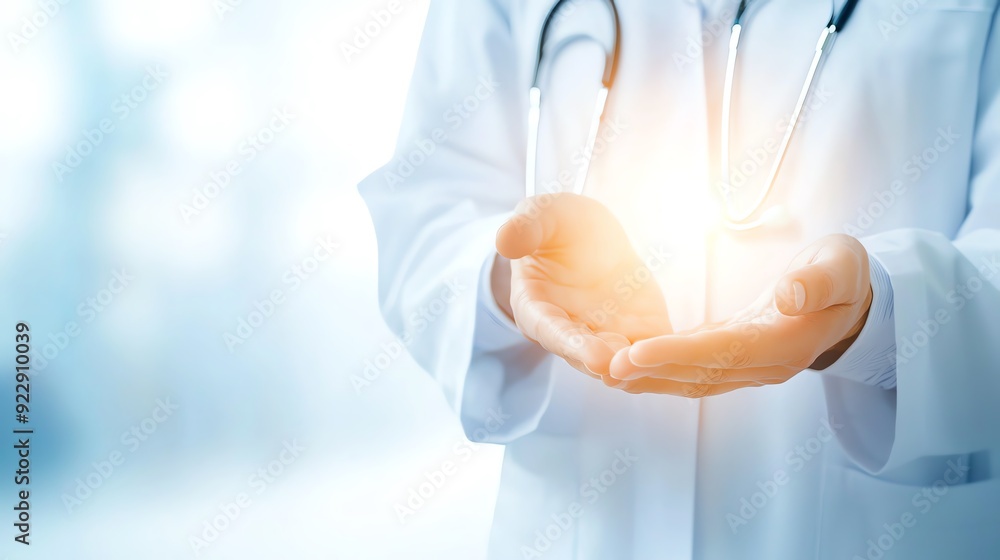 A medical professional holding light in their hands, symbolizing care, healing, and hope in a bright, serene environment. Healthcare AI concept. A medical professional holding light in their hands, symbolizing care, healing, and hope in a bright, serene environment. Healthcare AI concept.