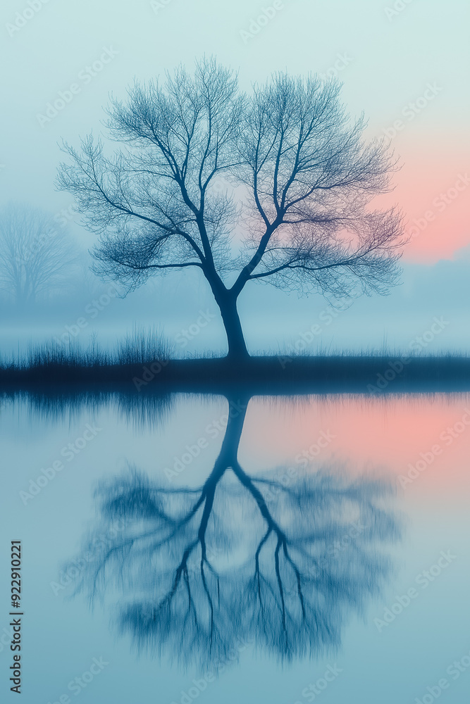 Dead tree silhouette reflected in still water, twilight setting with soft, muted colors, barren branches, tranquil and eerie atmosphere, serene landscape, 3D abstract background elements for depth Dead tree silhouette reflected in still water, twilight setting with soft, muted colors, barren branches, tranquil and eerie atmosphere, serene landscape, 3D abstract background elements for depth