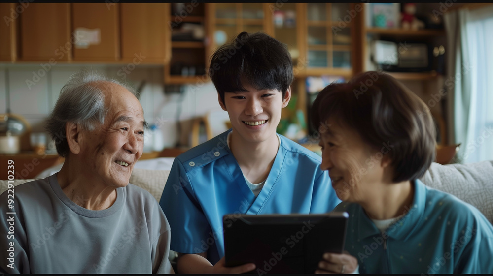 居間でケアプランを説明する介護士 居間でケアプランを説明する介護士