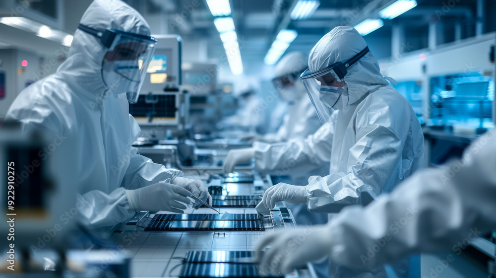 clean room in a semiconductor lab with engineers in protective suits using laserguided machinery to create microchips clean room in a semiconductor lab with engineers in protective suits using laserguided machinery to create microchips