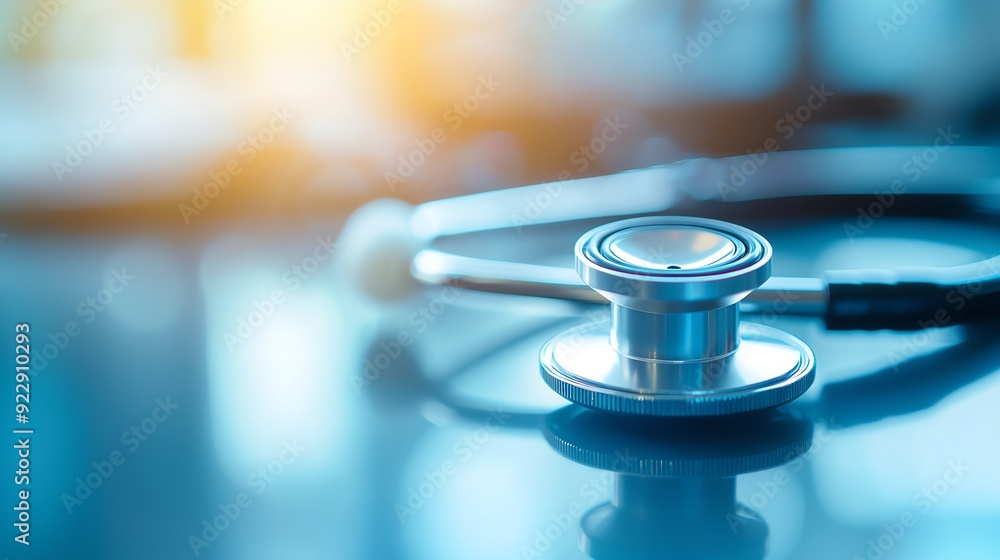 Close-up of a stethoscope on a reflective surface, symbolizing healthcare, medicine, and patient care in a clinical setting. Healthcare AI concept. Close-up of a stethoscope on a reflective surface, symbolizing healthcare, medicine, and patient care in a clinical setting. Healthcare AI concept.