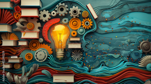 colorful collage with books a brain cogs light bulb intelligence, learning, education