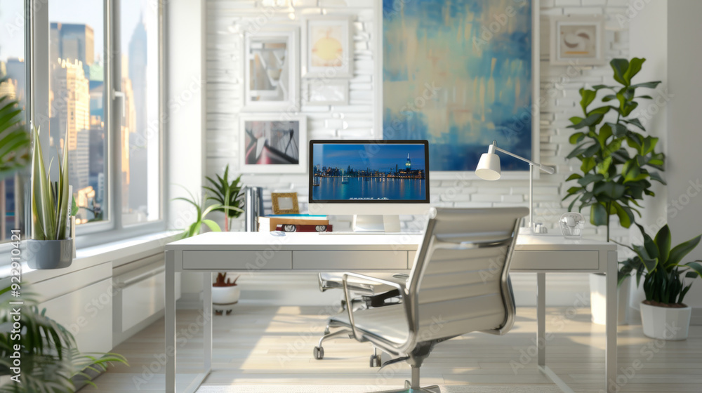 Fototapeta premium minimalist home office with a spacious white desk, ergonomic chair, and large windows with cityscape views