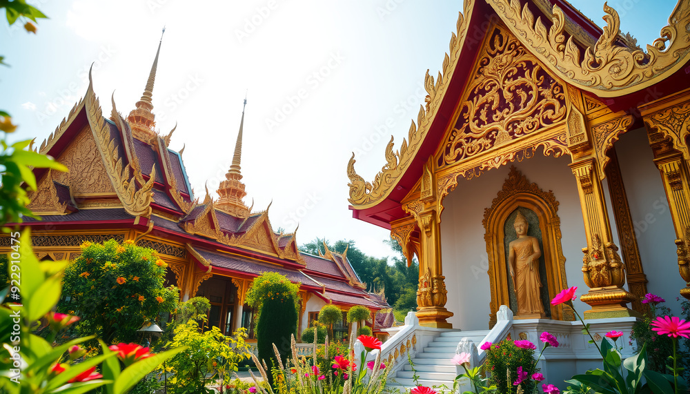 A traditional Thai scene with a golden temple, intricate architecture, and lush greenery. Rich cultural elements, vibrant colors, and delicate carvings create a tranquil and reverent atmosphere A traditional Thai scene with a golden temple, intricate architecture, and lush greenery. Rich cultural elements, vibrant colors, and delicate carvings create a tranquil and reverent atmosphere
