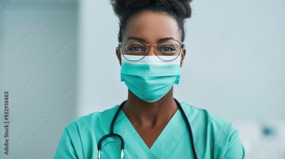 Close up portrait of an African American female healthcare professional likely an orthodontist or dentist wearing a medical uniform and face mask Close up portrait of an African American female healthcare professional likely an orthodontist or dentist wearing a medical uniform and face mask