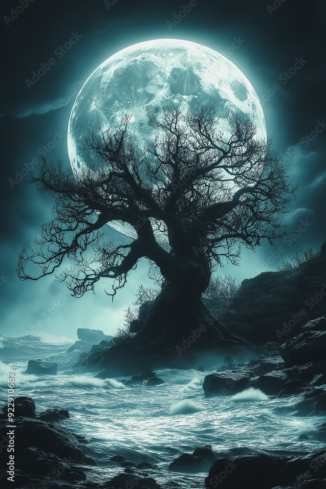 Eerie dead tree silhouette against a full moon, dark and moody sky, twisted branches, haunting atmosphere, deep shadows, isolated and mysterious, 3D abstract elements for added depth