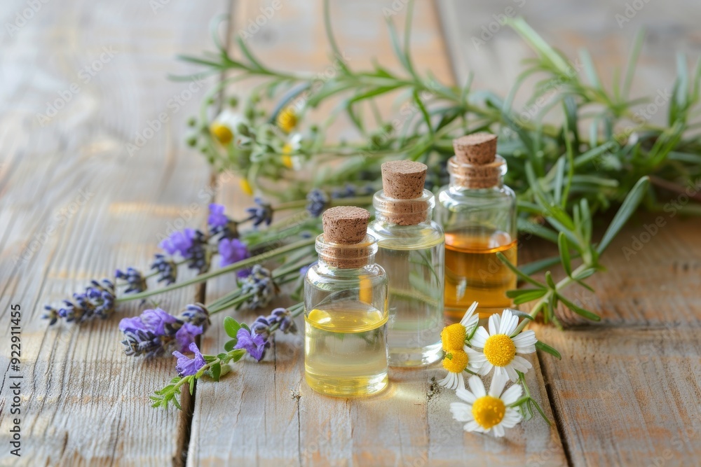 Essential Oils and Herbs on Rustic Wooden Surface Essential Oils and Herbs on Rustic Wooden Surface