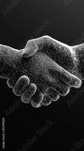 Modern isolated brotherly handshake. Low poly wireframe and points. 3D white agreement concept on dark background. Abstract deal mash line origami. 3d brother. Illustrations