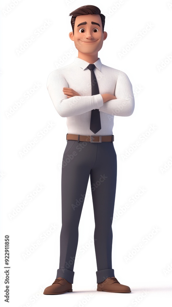 Standing smiling man with arms crossed. Cartoon happy businessman isolated on white background, 3d rendering. 3d worker. Illustrations Standing smiling man with arms crossed. Cartoon happy businessman isolated on white background, 3d rendering. 3d worker. Illustrations