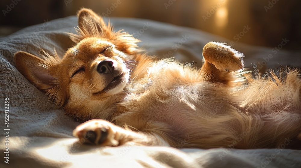 A small dog lying peacefully on its back in a sunbeam paws up in the air completely relaxed in warm afternoon sunlight A small dog lying peacefully on its back in a sunbeam paws up in the air completely relaxed in warm afternoon sunlight