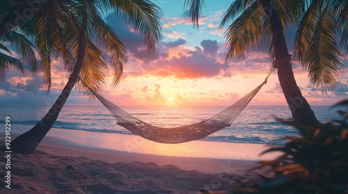 Fototapeta Naklejka Na Ścianę i Meble -  Dreamy tropical beach sunset with hammock between palm trees