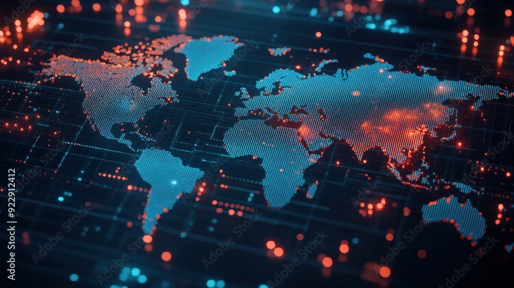 Digital World Map with Glowing Lights. Digital World Map with Glowing Lights.