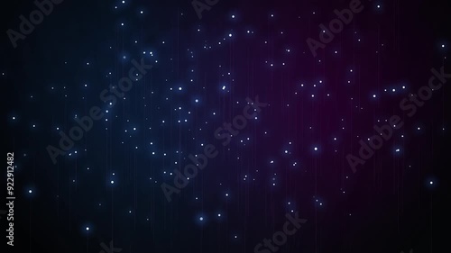Dark tech dynamic cool background. Seamless looping wallpaper of rising lines and particles against blue and purple light.