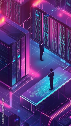 An isometric view showcases a server room and big data processing concept, featuring a datacenter and digital information technology against a neon dark gradient background. 3d waiter. Illustrations