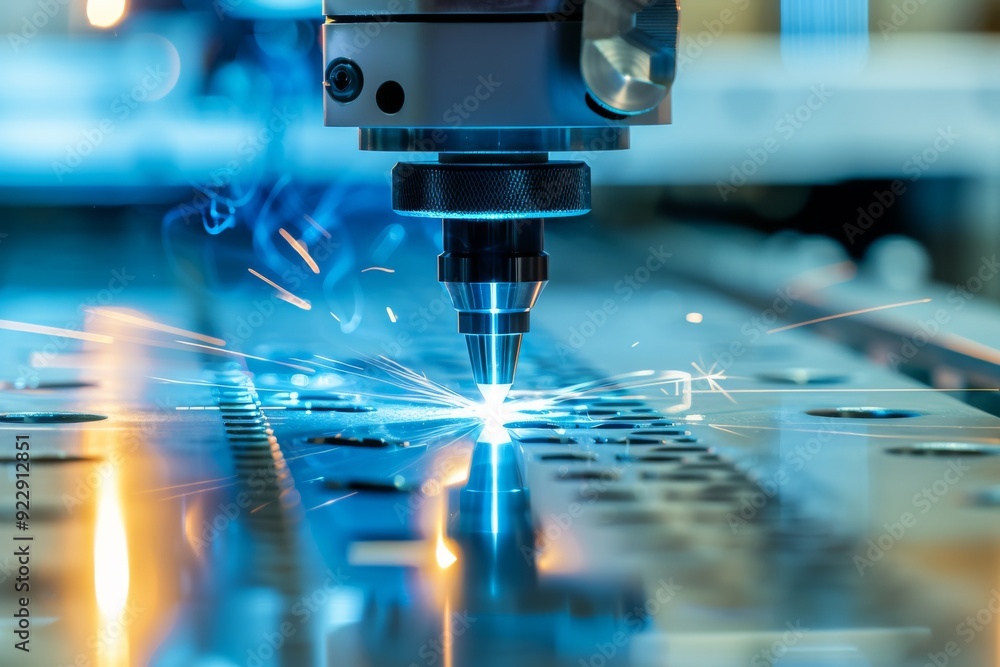 Laser CNC machine with focused light beam on metal lens tip, reflecting on a stainless steel table in a modern factory workshop. High-resolution with sharp focus and blue spark reflections. Laser CNC machine with focused light beam on metal lens tip, reflecting on a stainless steel table in a modern factory workshop. High-resolution with sharp focus and blue spark reflections.