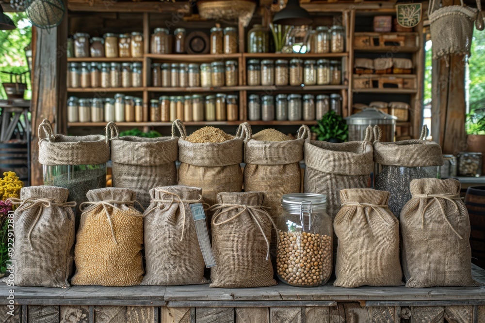 Fototapeta premium Burlap Bags and Jars with Bulk Grains in Store