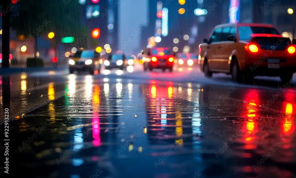 Rain-soaked city street at night with blurred lights reflecting in puddles. Rain-soaked city street at night with blurred lights reflecting in puddles.